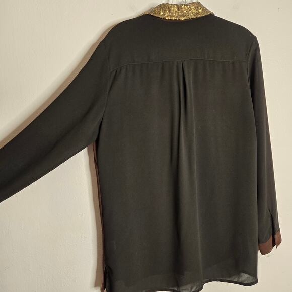 Alberto Makali  Black Brown Colorblock Blouse With Gold Sequin Trim Size L Chic - Picture 5 of 10